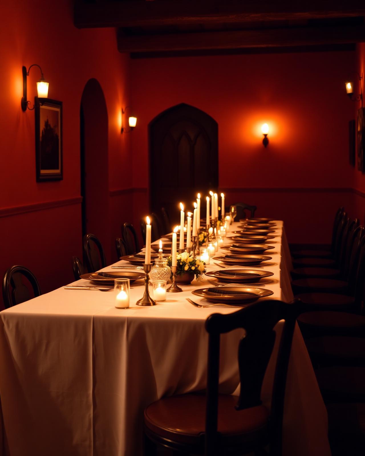 Mesa larga decorada con velas